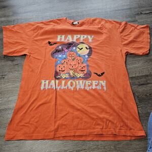 Vtg Happy Halloween Shirt Adult XL Orange Haunted Pumpkin Bats Time 2 Celebrate